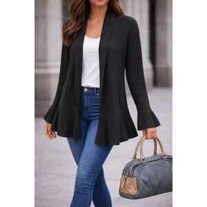 Jeanne Pierre Large Black Knit Cardigan Shawl Collar Sweater Pleated Sleeves